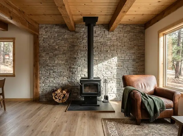 Cabin living room with a grey and tan stacked stone accent wall behind a wood stove