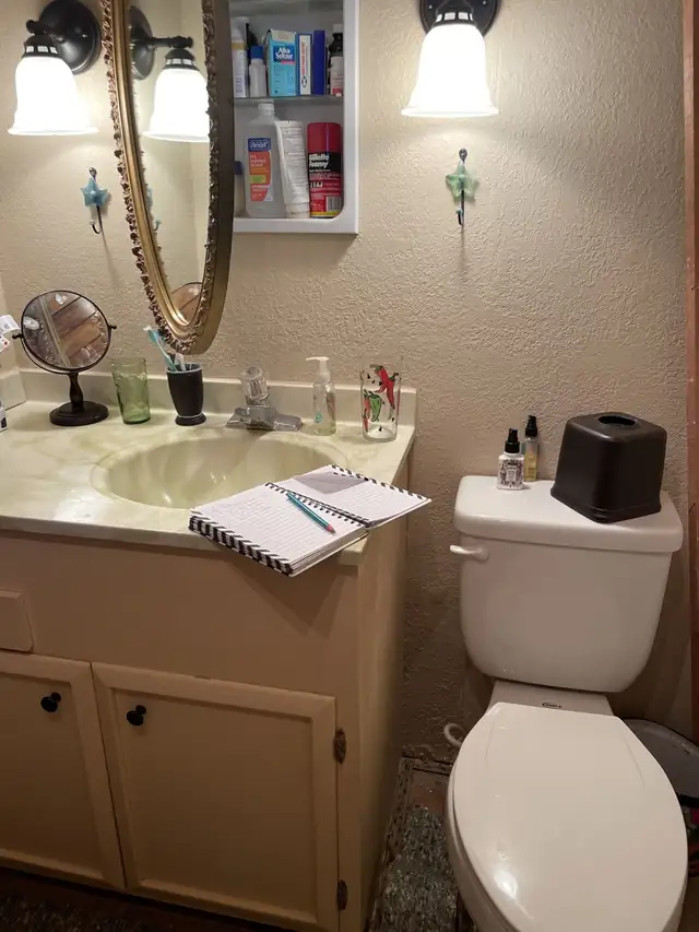 Older bathroom with a cream cultured-marble vanity before the update